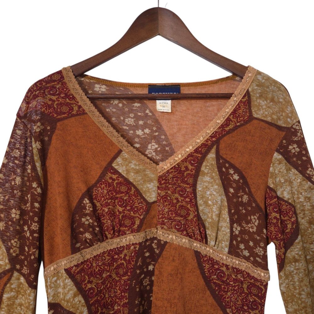VTG 90's Y2K Babydoll Top Patchwork Orange Lace Neck Bell Sleeve Festival Womens - Picture 2 of 11